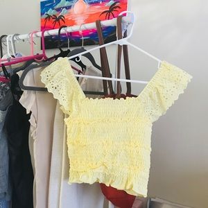 TopShop Yellow Shirred Frill Sleeve Top